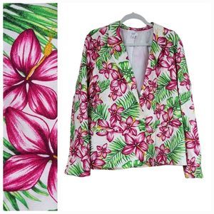 Crown & Ivy Women’s Blazer XL Hawaiian Pink Hibiscus Linen Suit Jacket Floral